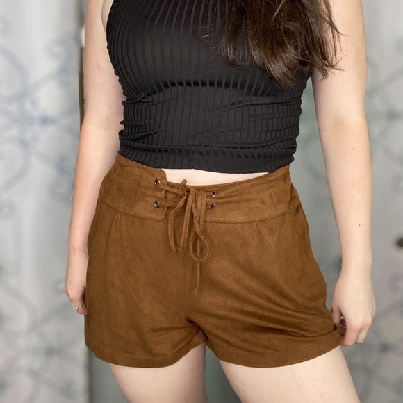 Skies Are Blue Pants - Suede Shorts with Lace up Detail by Skies are Blue